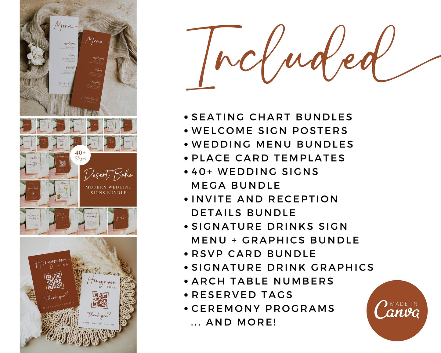 DESERT BOHO Wedding Mega Bundle | Terracotta Signage | Modern RSVP and Place Cards | Ceremony Programs and Menu | Editable Canva Invite Card