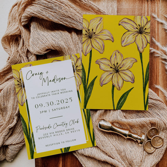 Summer Iris in Bloom Wedding Invites | Oscar De La Inspired | Yellow Floral Bridal Signage DIY | Luxury Wedding | Elegant Canva Invitation