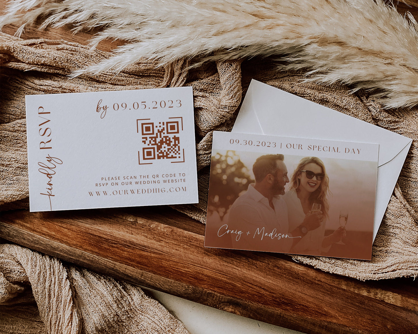 Desert Boho Wedding Invitation Suite | Modern Editable Template with RSVP QR Code | DIY Printable Wedding Set | Rustic Wedding | Terracotta