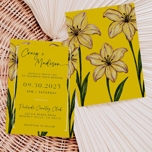 Summer Iris in Bloom Wedding Invites | Oscar De La Inspired | Yellow Floral Bridal Signage DIY | Luxury Wedding | Elegant Canva Invitation