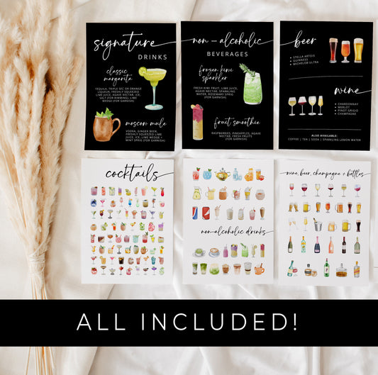 BLACK Signature Cocktail Sign | Bar Menu Template | Modern Drink Menu | Editable Boho Style Wedding | Non Alcoholic Beverages Menu DIY
