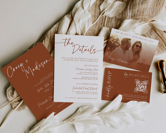 Desert Boho Wedding Invitation Suite | Modern Editable Template with RSVP QR Code | DIY Printable Wedding Set | Rustic Wedding | Terracotta