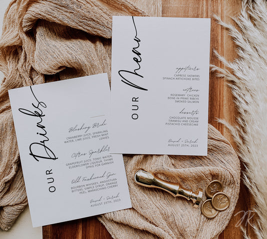 Minimalist Our Wedding Menu and Drinks Set | Modern Wedding Stationery Bundle | Editable Canva Template | Printable Reception Decor DIY Card