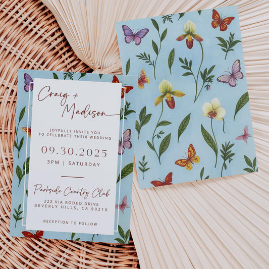 Baby Blue Orchid Wedding Invites | Oscar De La Inspired | Light Blue Bridal Signage DIY | Luxury Wedding | Canva Invitations | Elegant Cards