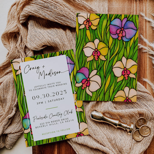 Orchid Mosaic Wedding Invites | Oscar De La Inspired | Bright Floral Bridal Signage DIY | Luxury Wedding | Elegant Canva Invitations Green