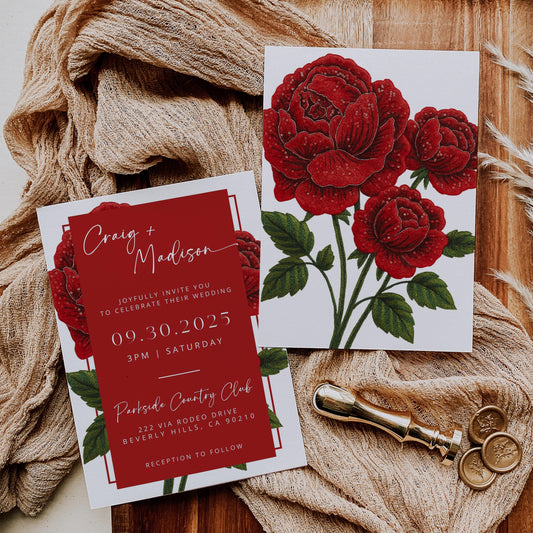 Modern Faux Embellished Rose Wedding Invites | Oscar De La Inspired | Red Roses Bridal Signage DIY | Luxury Wedding | Canva Pro Invitations