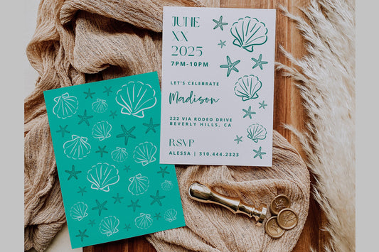 TEAL Sea Aesthetic Birthday Party Bundle | Seashells Starfish Fisherman Bday | 2-in-1 Party Invitation | Editable Canva Invite | DIY Digital