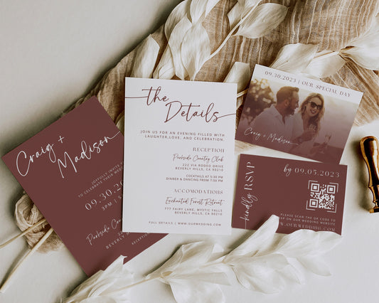 Plum Wine Wedding Invitation Suite | Modern Editable Template with RSVP QR Code | DIY Printable Wedding Set | Purple Wedding | Burgundy Boho