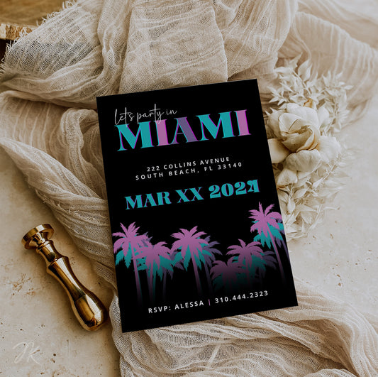 Miami Party Invite | Bachelorette Celebration | Miami Vibes Invitation | Editable Bday Celebration Card | Canva Template | Retro Neon Cards