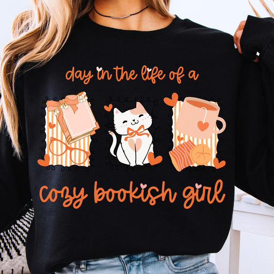 Day in the Life of a Cozy Bookish Girl PNG | Fall Reader Aesthetic Sublimation File | Books Coffee Cat Clipart | Cute Introvert Shirt Design