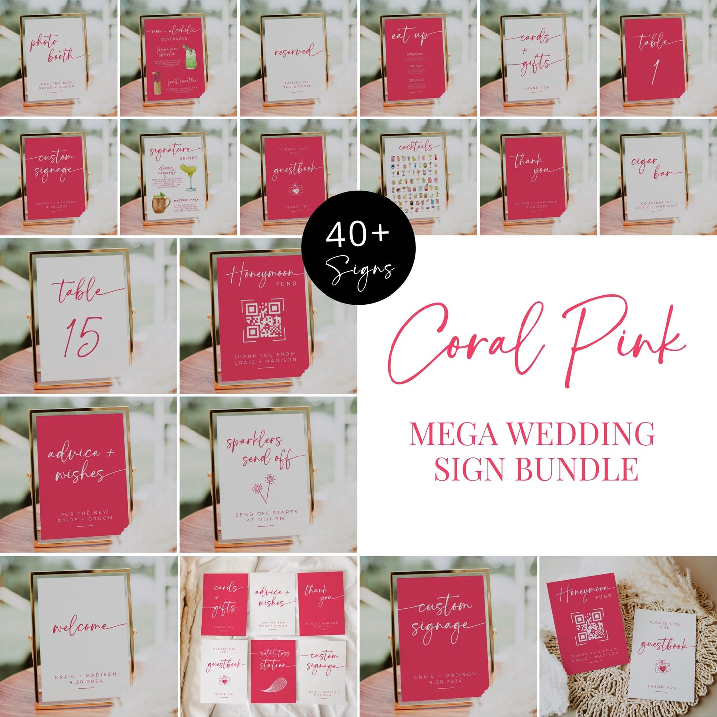 PINK WHITE Wedding Signs MEGA Bundle | Pink and White Wedding | Editable Canva Pro Templates | Signature Drinks | Honeymoon Fund | 5x7 8x10
