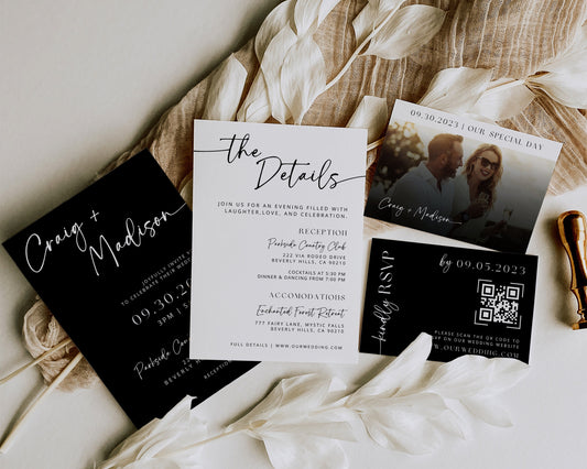 Minimalist Black and White Wedding Invitation Suite | Modern Editable Template with RSVP QR Code | DIY Printable Wedding Set | Canva Bundle