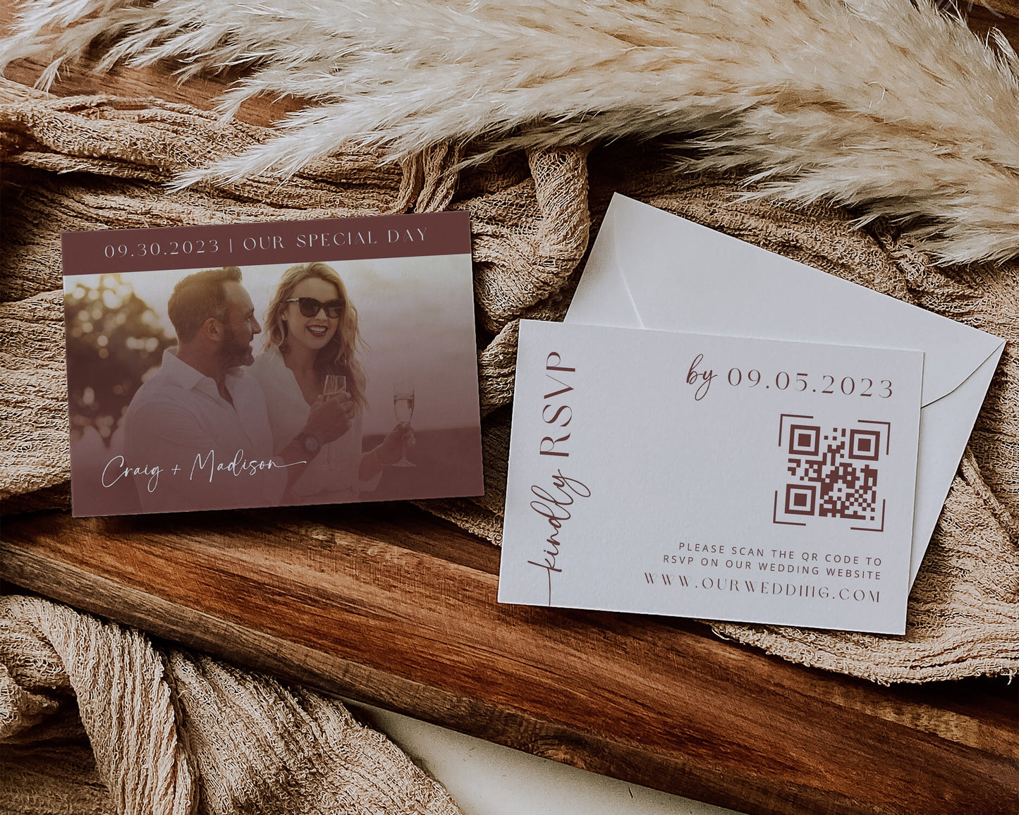 Plum Wine Wedding Invitation Suite | Modern Editable Template with RSVP QR Code | DIY Printable Wedding Set | Purple Wedding | Burgundy Boho