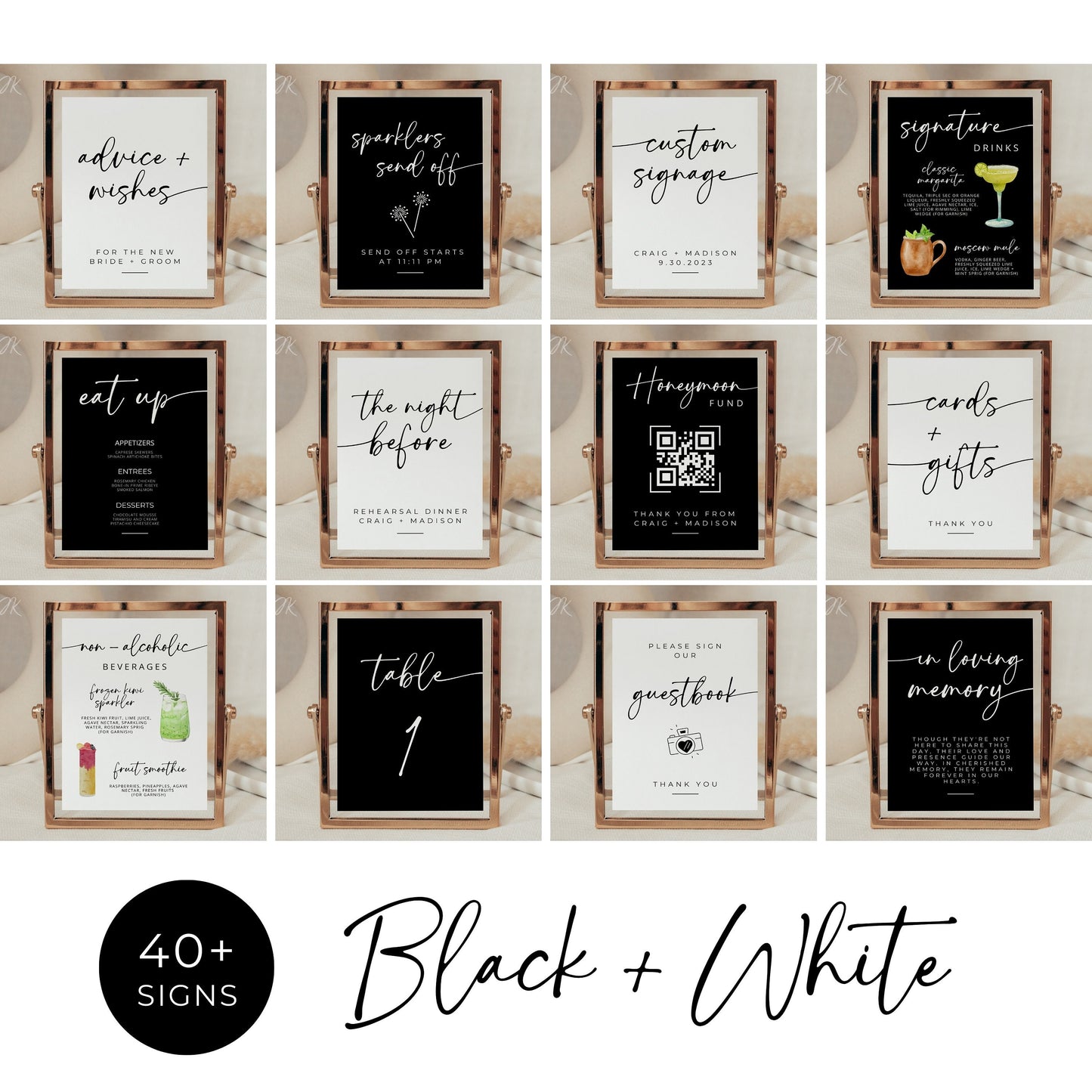Minimalist Wedding MEGA Bundle | Black & White Signs | Modern RSVP and Place Cards | Ceremony Programs and Menus | Editable Canva Pro Invite