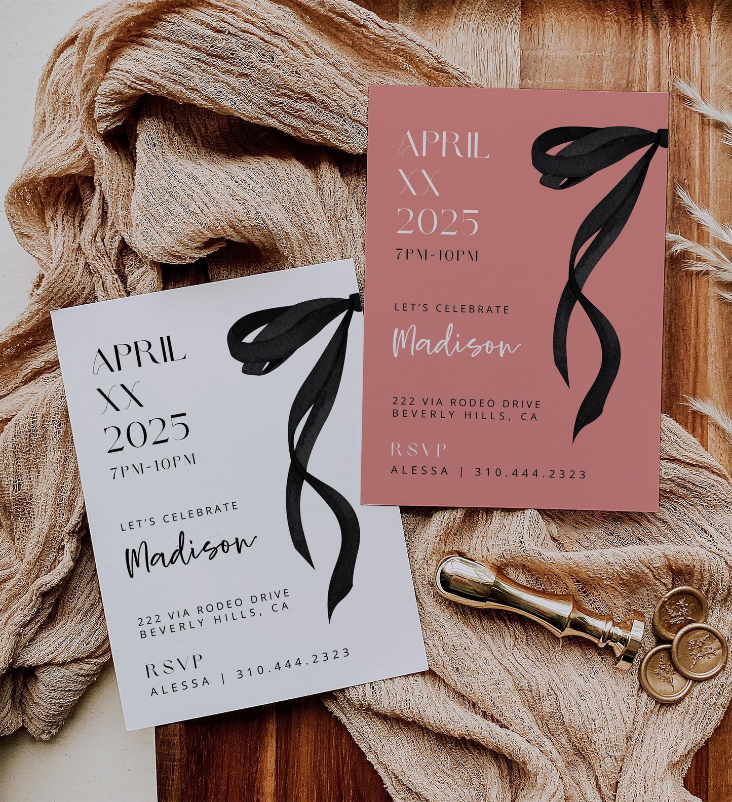 Coquette Birthday Party Invite Bundle | Black White Pink Bow 2025 Cards | 3-in-1 Party Invitation | Editable Canva Invite | INSTANT DOWNLOAD
