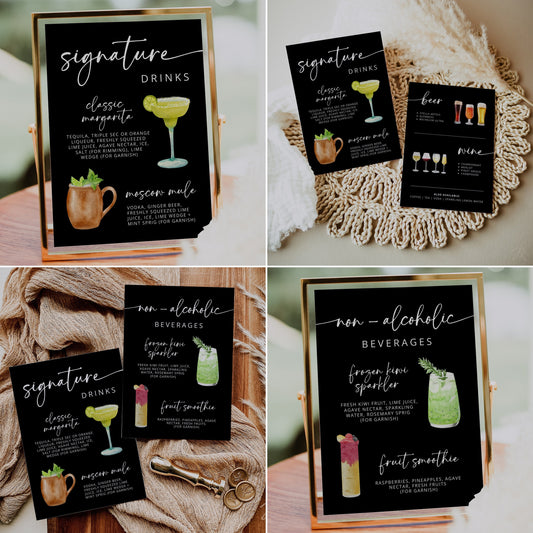 BLACK Signature Cocktail Sign | Bar Menu Template | Modern Drink Menu | Editable Boho Style Wedding | Non Alcoholic Beverages Menu DIY