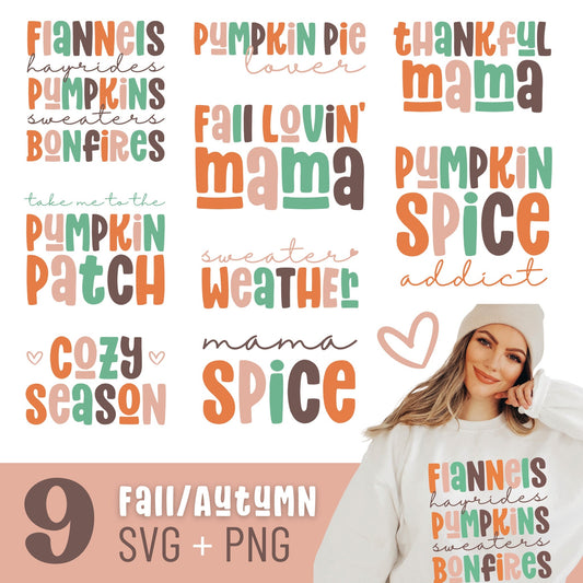Retro Fall Autumn Bundle SVG PNG | Fall Boho Shirt | Pumpkin Flannels Hayrides | Fall Mama | Pumpkin Spice | Fall Sayings | PNG Sublimation