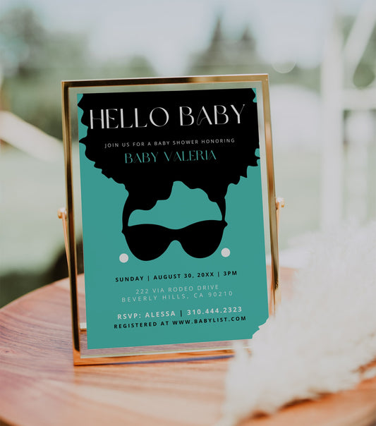 Breakfast at Tiff Baby Shower Invite Bundle | Audrey Inspired Baby Shower Card | Afro Black Girl Party | Canva Template | Teal Baby Card DIY