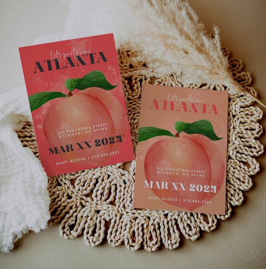 Atlanta Party Invite | Bachelorette Celebration | Georgia Peach Invitation | Editable Bday Card | Canva Pro Template | ATL Party Flyer DIY