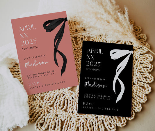 Coquette Birthday Party Invite Bundle | Black White Pink Bow 2025 Cards | 3-in-1 Party Invitation | Editable Canva Invite | INSTANT DOWNLOAD