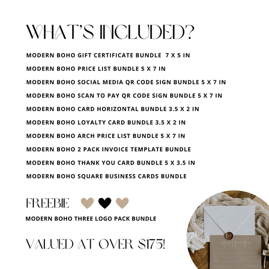 Modern Boho MEGA Business Brand Bundle | QR Codes, Price Lists, Business Cards, and More! | Editable in Canva Pro | FREEBIE Logo Packages
