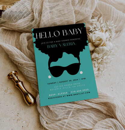 Breakfast at Tiff Baby Shower Invite Bundle | Audrey Inspired Baby Shower Card | Afro Black Girl Party | Canva Template | Teal Baby Card DIY