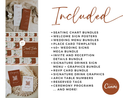 DESERT BOHO Wedding Mega Bundle | Terracotta Signage | Modern RSVP and Place Cards | Ceremony Programs and Menu | Editable Canva Invite Card