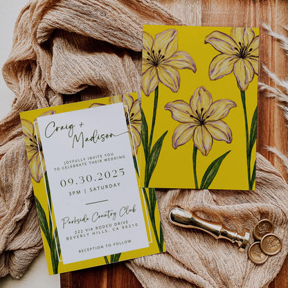 Summer Iris in Bloom Wedding Invites | Oscar De La Inspired | Yellow Floral Bridal Signage DIY | Luxury Wedding | Elegant Canva Invitation