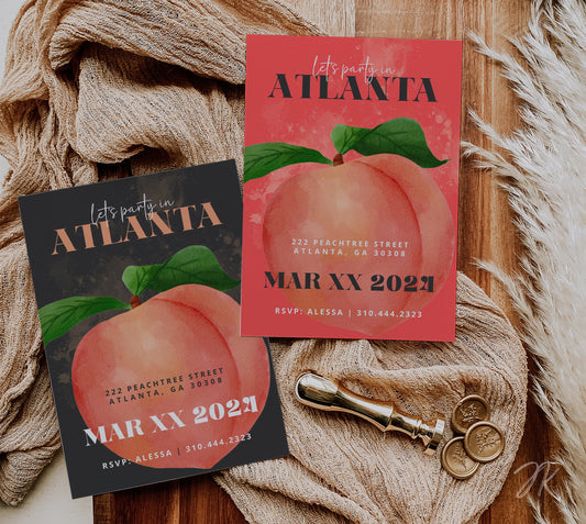Atlanta Party Invite | Bachelorette Celebration | Georgia Peach Invitation | Editable Bday Card | Canva Pro Template | ATL Party Flyer DIY