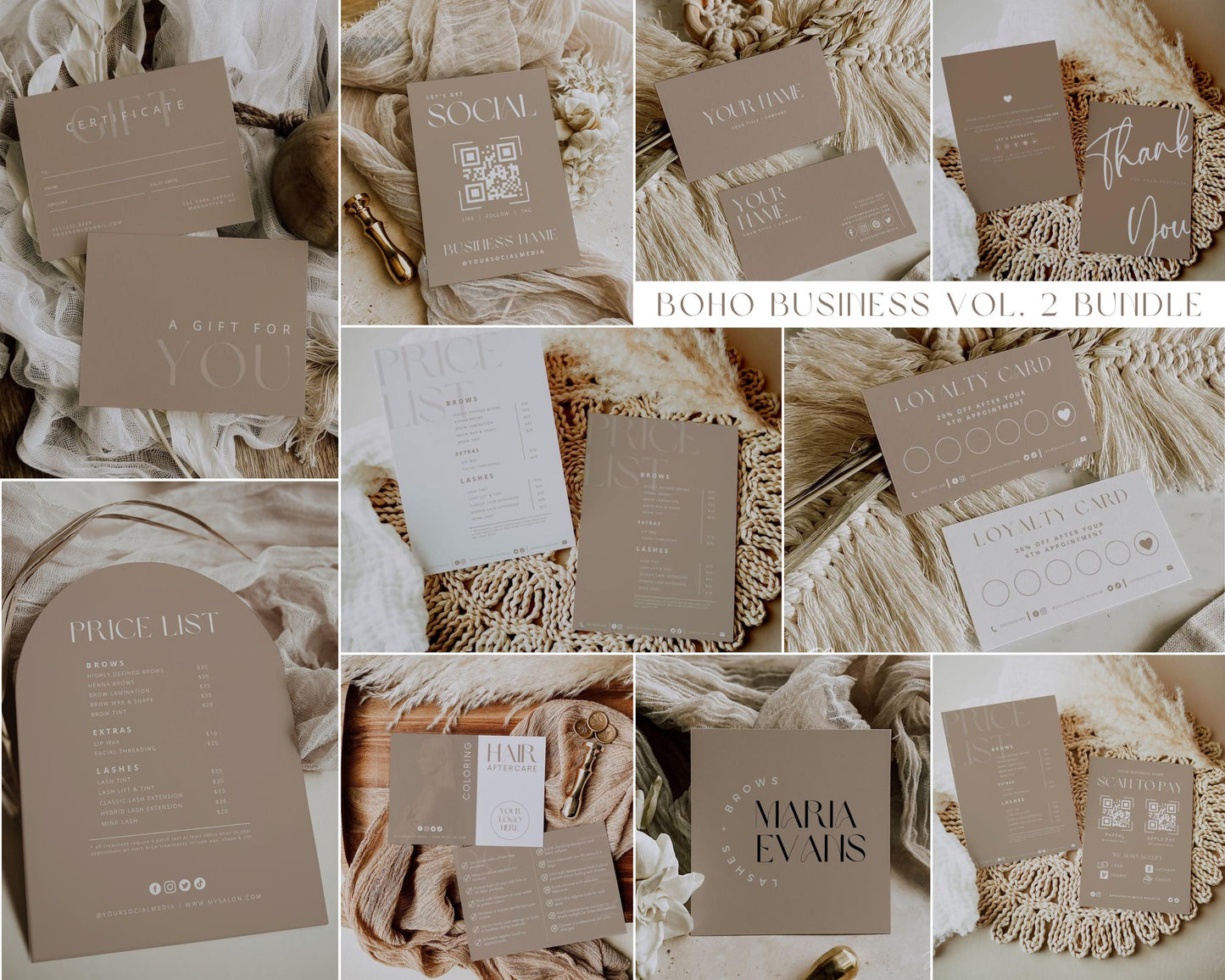 Boho Business Vol.2 Bundle | All-in-One Small Business Boho Canva Templates, DIY Cards, Price List, Logos and Gift Certificates | Boho Beige