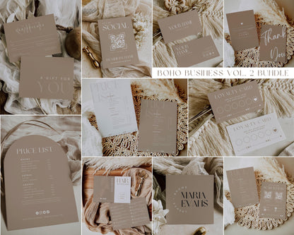Boho Business Vol.2 Bundle | All-in-One Small Business Boho Canva Templates, DIY Cards, Price List, Logos and Gift Certificates | Boho Beige