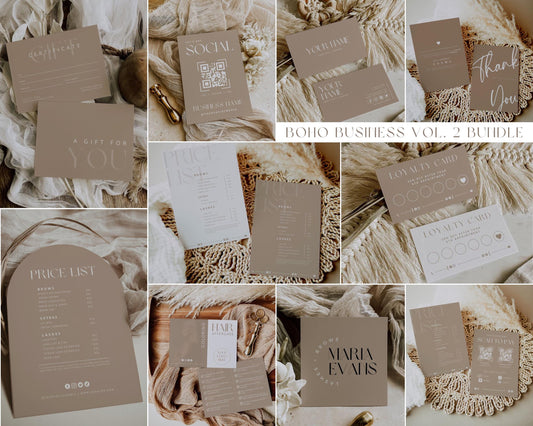 Boho Business Vol.2 Bundle | All-in-One Small Business Boho Canva Templates, DIY Cards, Price List, Logos and Gift Certificates | Boho Beige