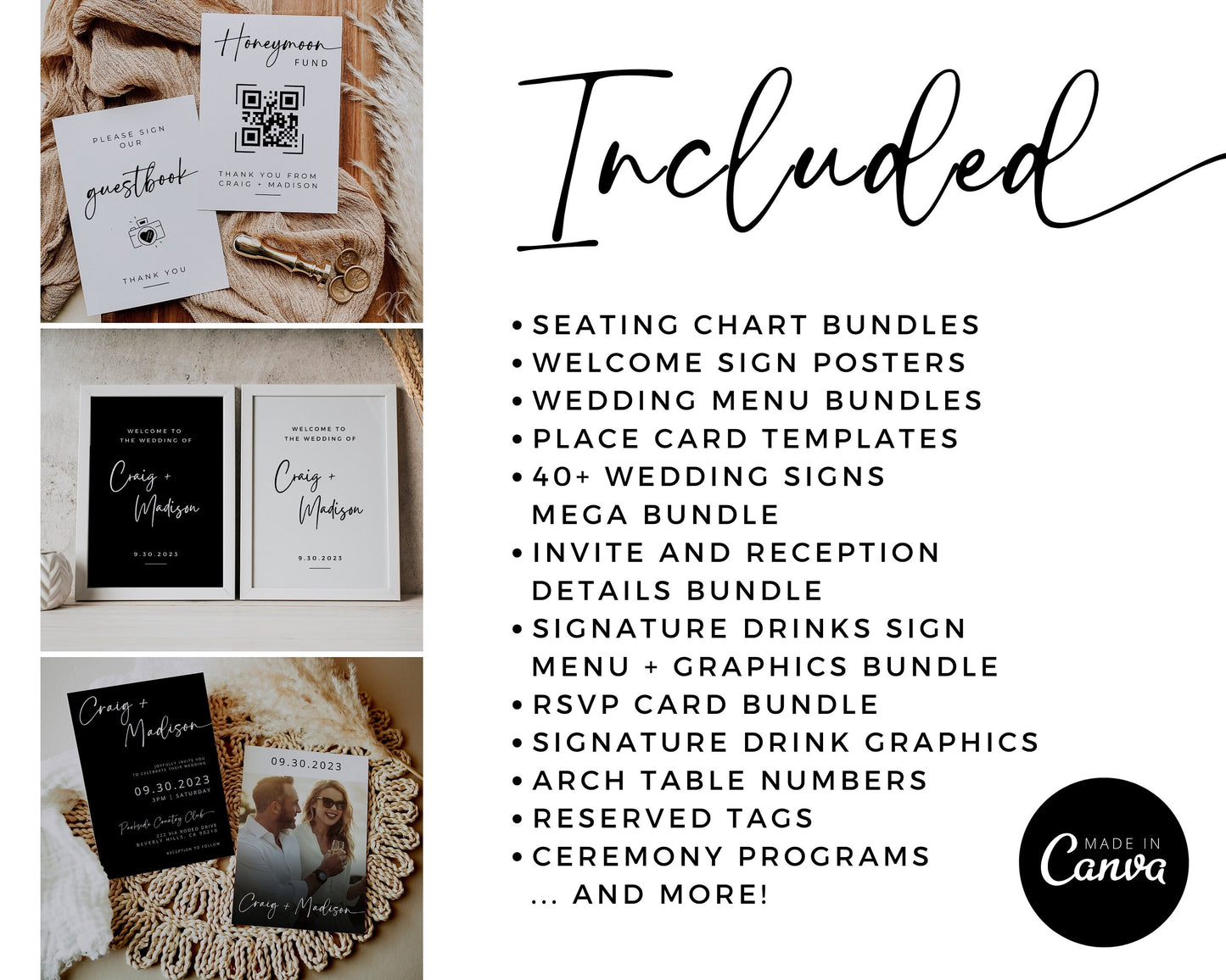 Minimalist Wedding MEGA Bundle | Black & White Signs | Modern RSVP and Place Cards | Ceremony Programs and Menus | Editable Canva Pro Invite
