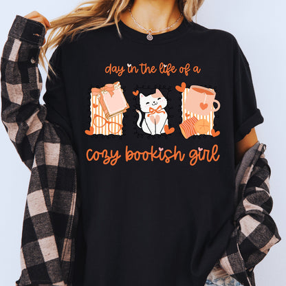 Day in the Life of a Cozy Bookish Girl PNG | Fall Reader Aesthetic Sublimation File | Books Coffee Cat Clipart | Cute Introvert Shirt Design