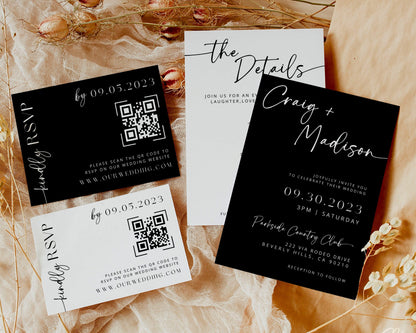 Minimalist Black and White Wedding Invitation Suite | Modern Editable Template with RSVP QR Code | DIY Printable Wedding Set | Canva Bundle