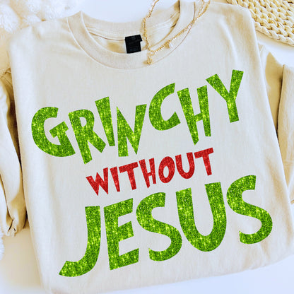 Christian Christmas Gift: Grinchy Glitter Text Funny Christmas PNG Bundle of 2 | Grinchy Without Jesus | Holiday Sublimation | Ornament PNG