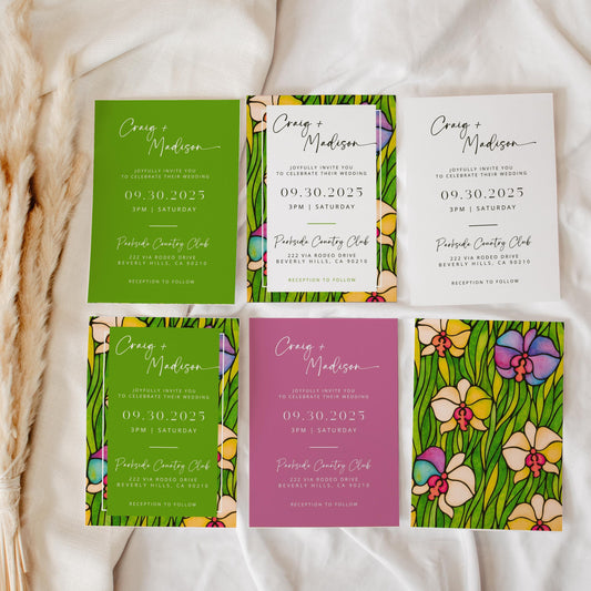 Orchid Mosaic Wedding Invites | Oscar De La Inspired | Bright Floral Bridal Signage DIY | Luxury Wedding | Elegant Canva Invitations Green