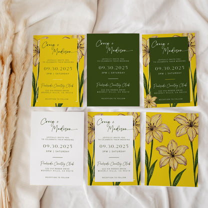 Summer Iris in Bloom Wedding Invites | Oscar De La Inspired | Yellow Floral Bridal Signage DIY | Luxury Wedding | Elegant Canva Invitation