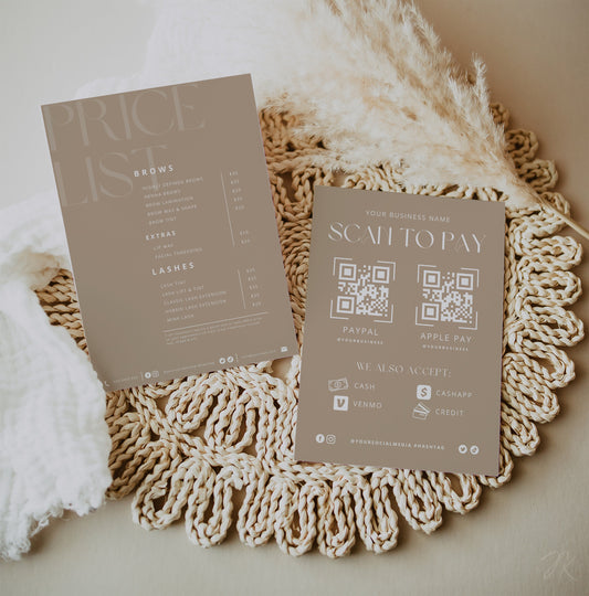 Boho Small Business Price List and Scan to Pay Bundle | Boho Minimalist DIY | Boho Printable | Salon Accept Payments |  Craft Fair Templates