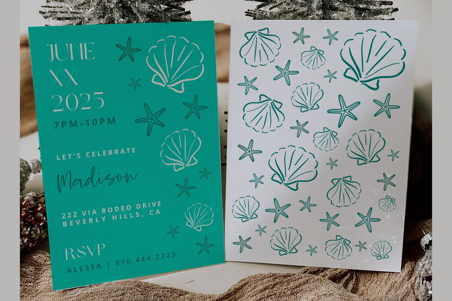 TEAL Sea Aesthetic Birthday Party Bundle | Seashells Starfish Fisherman Bday | 2-in-1 Party Invitation | Editable Canva Invite | DIY Digital