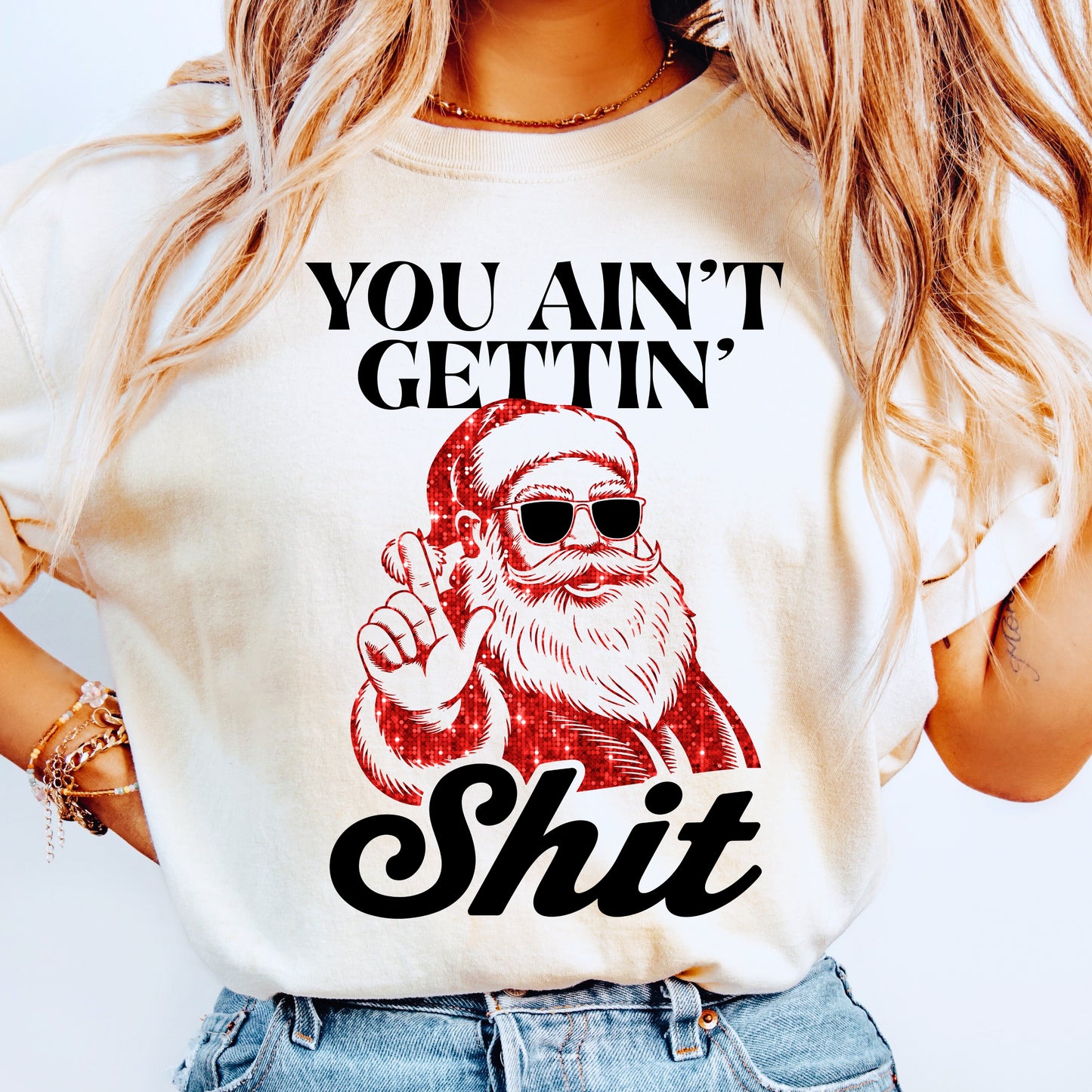 You Ain’t Gettin’ Shit Santa PNG Bundle | Faux Red Glitter Christmas Design | Funny Holiday Sublimation | White + Black DIY Digital Download