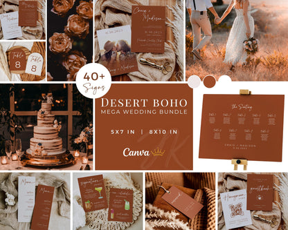 DESERT BOHO Wedding Mega Bundle | Terracotta Signage | Modern RSVP and Place Cards | Ceremony Programs and Menu | Editable Canva Invite Card