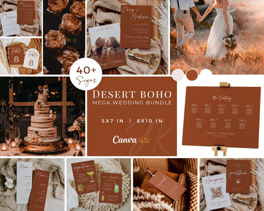DESERT BOHO Wedding Mega Bundle | Terracotta Signage | Modern RSVP and Place Cards | Ceremony Programs and Menu | Editable Canva Invite Card