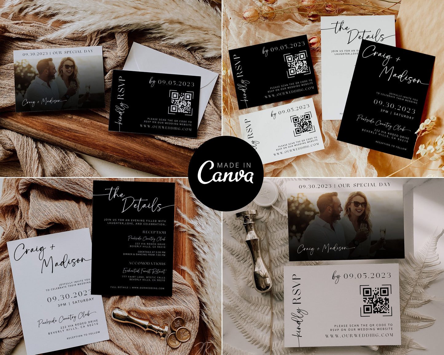 Minimalist Black and White Wedding Invitation Suite | Modern Editable Template with RSVP QR Code | DIY Printable Wedding Set | Canva Bundle