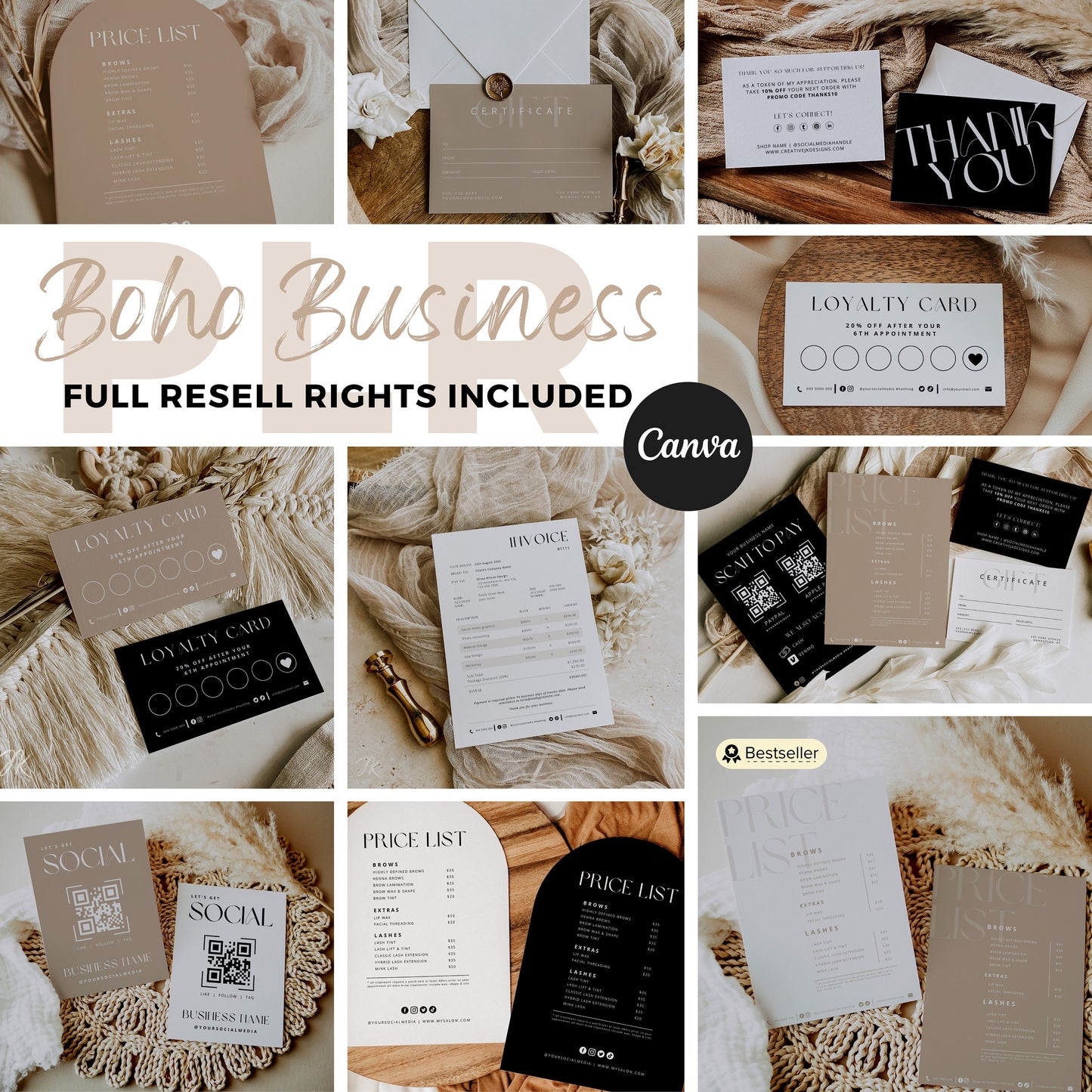 PLR/MRR Master Resell Rights Bundle | Modern Boho MEGA Business Brand Canva Bundle | QR Codes, Price Lists, Business Cards & More