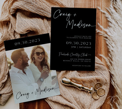 MINT Black Wedding Invite Bundle | Editable Wedding Stationery | Minimalist Beige and  White Wedding | Boho Modern Wedding | Save the Date