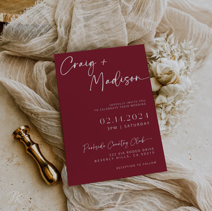 BERRY Pink Wedding Invite Template | Editable Minimalist Photo Wedding Invitation | Modern Wedding Invite Canva | Red Save the Date Invites