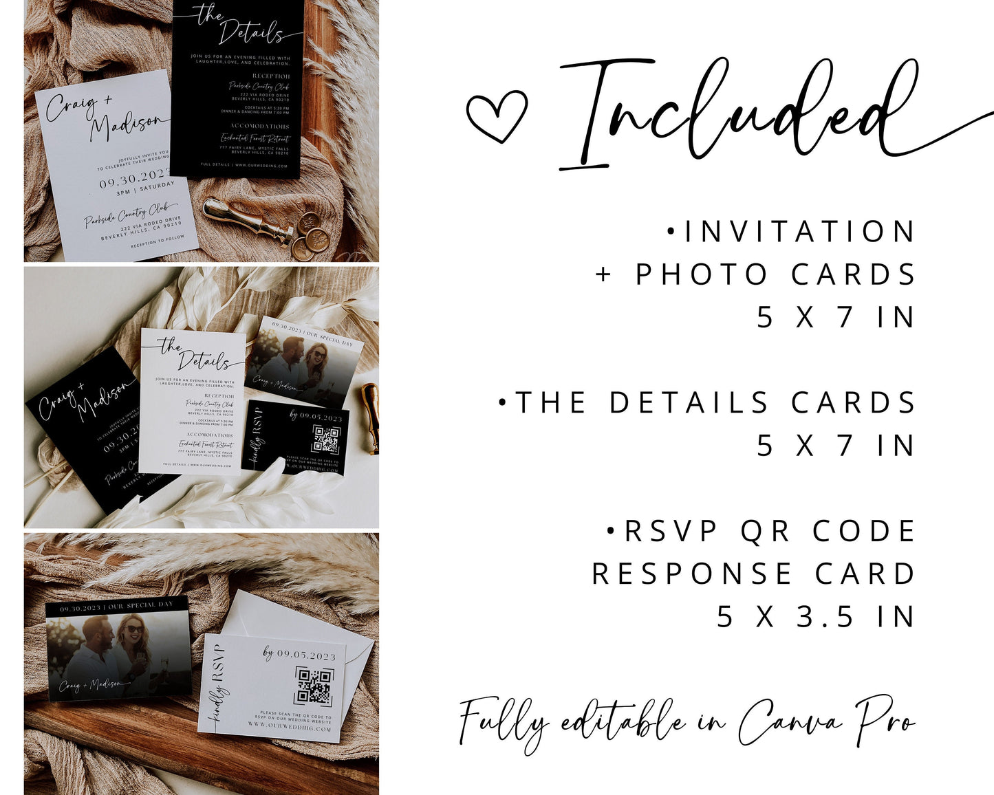 Minimalist Black and White Wedding Invitation Suite | Modern Editable Template with RSVP QR Code | DIY Printable Wedding Set | Canva Bundle