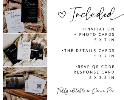 Minimalist Black and White Wedding Invitation Suite | Modern Editable Template with RSVP QR Code | DIY Printable Wedding Set | Canva Bundle
