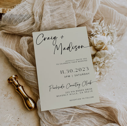 CREAM Minimalist Wedding Invite Template | Editable Minimalist Photo Wedding Invitation | Modern Wedding Invite Canva | Save the Date Sign